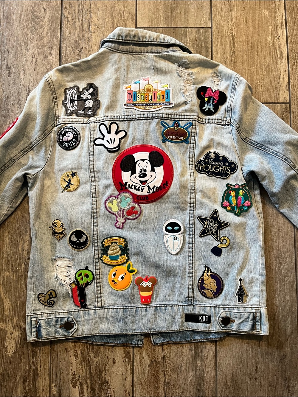 Custom Disney Patch Kut from the Kloth distressed Emma boyfriend denim jacket